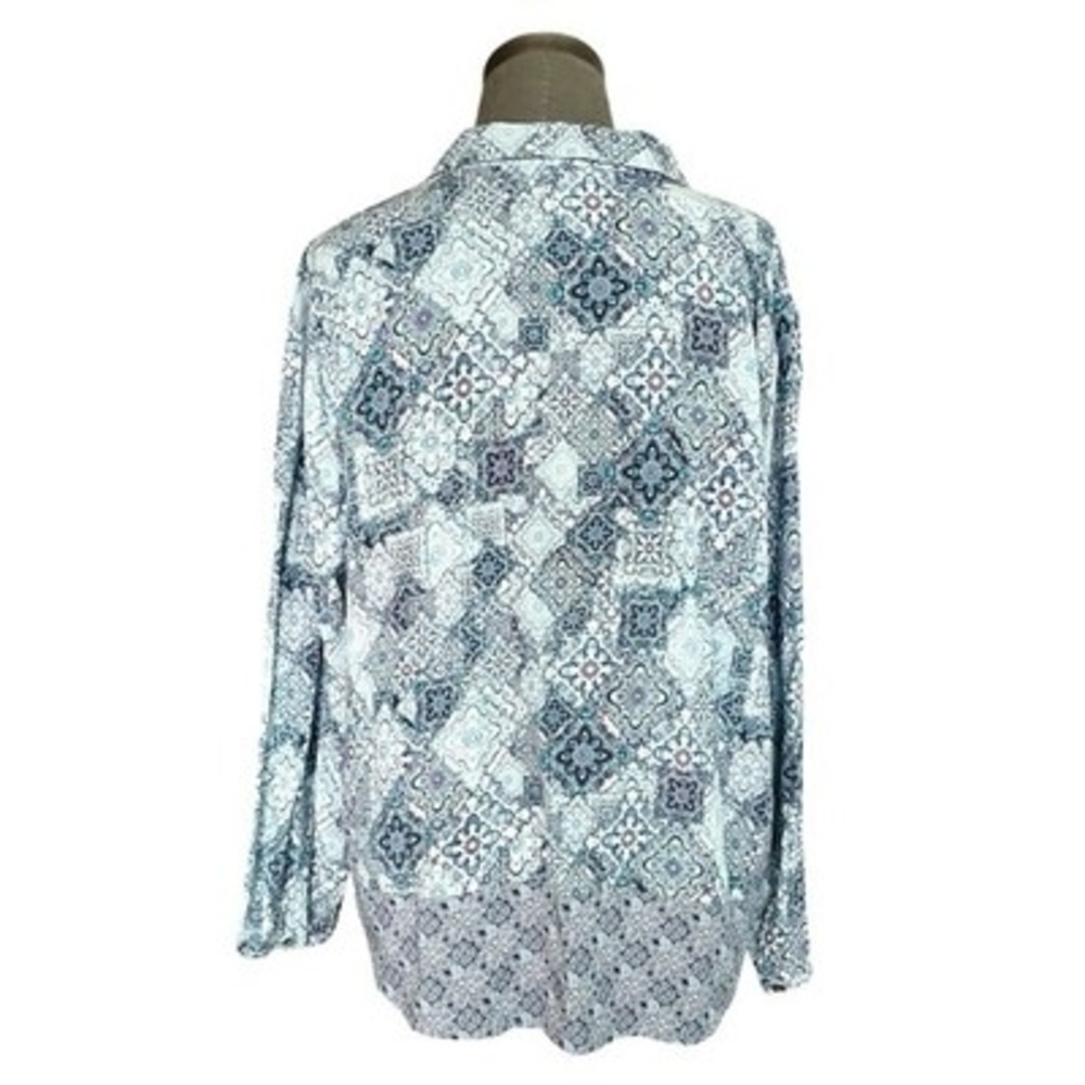 J. Jill Blue Medallion Print Popover Tunic Blouse Long Sleeve Rayon Sz L Petite - Picture 5 of 7